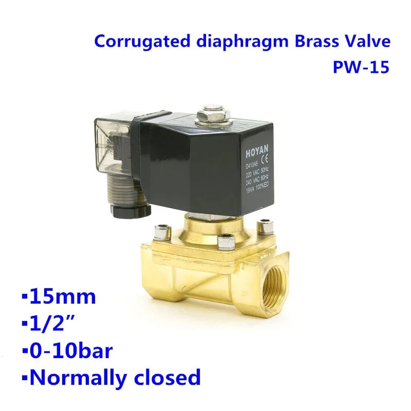 

2 Way PW-15 Corrugated Diaphragm Normally Closed Air Oil Water Solenoid Valve Orifice 15mm BSP Port G1/2" AC220V