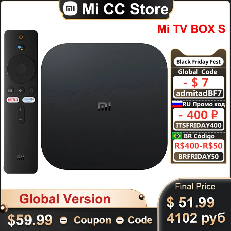 ТВ-приставка Xiaomi Mi Box S Android глобальная версия 4K HDR 4 ядра 2 ГБ 8 HDMI2.0a 9 0 ГГц/5 ГГц Wi-Fi