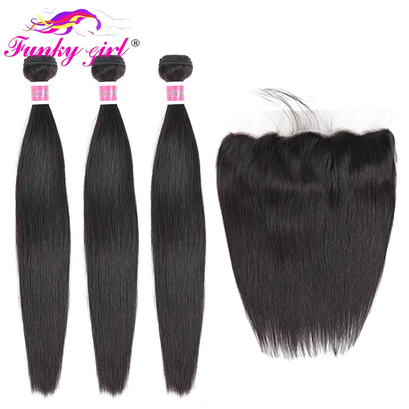 

Funky Girl Straight Hair Bundles With Frontal Non-Remy Lace Frontal Closure With Bundles Indian Hair Weave Bundles With Closure