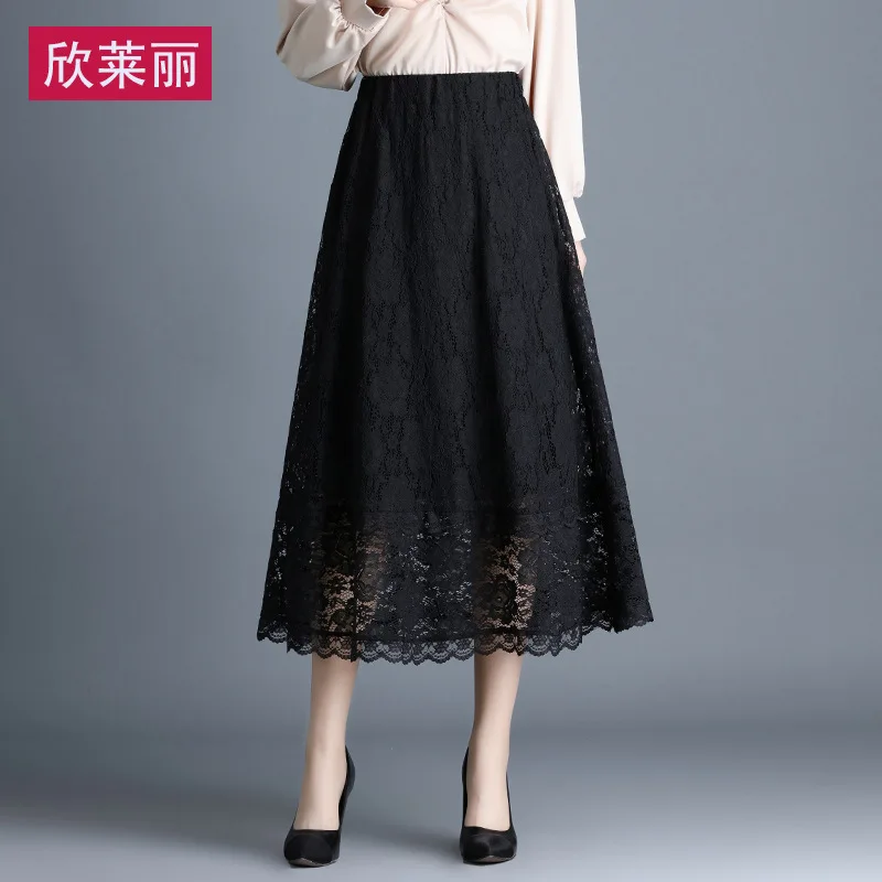 

Lace A- Line Skirt Mid-length 2020 New Style WOMEN'S Dress Spring Large Size High-waisted Big Hemline Black And White with Patte