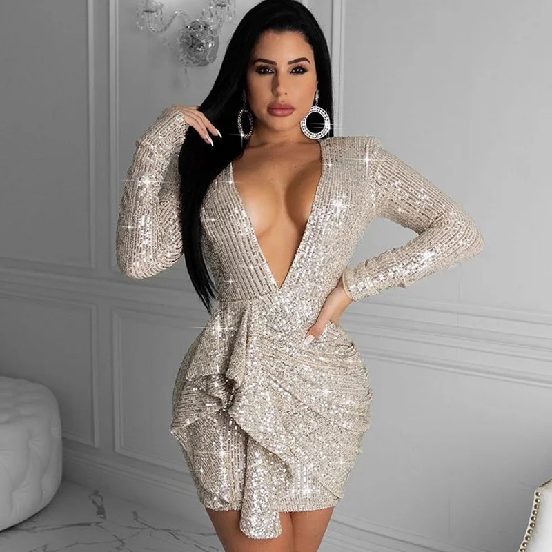 

Autumn and winter hot models women's deep V-neck halter sequins tight-fitting buttocks hip evening dress sexy dress