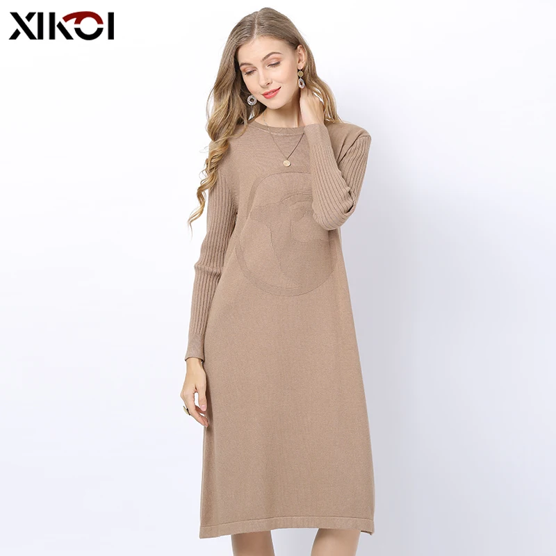 XIKOI Autumn Winter Solid Knitted Sweater Dresses Women Cute Deer Print Loose O-neck Pullover Female Vestidos Feminino | Женская одежда