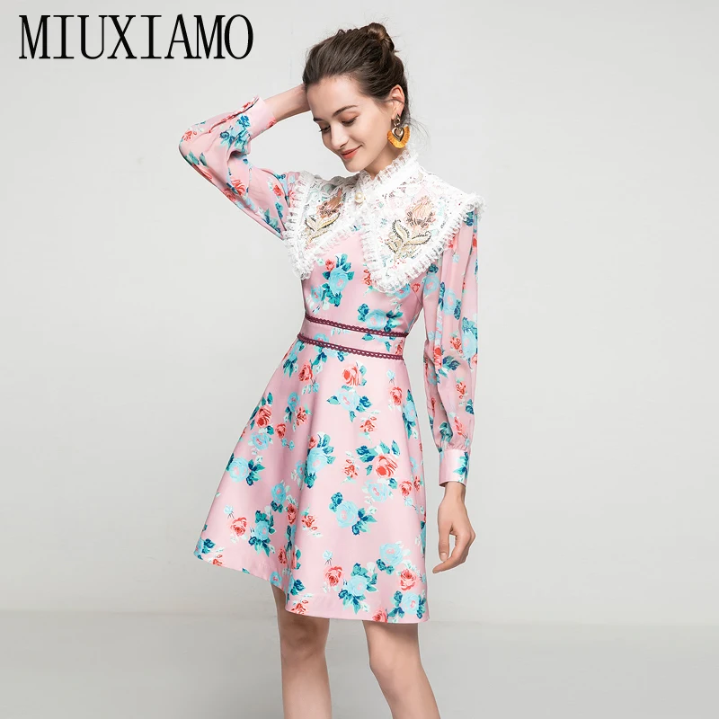 

MIUXIMAO 2021 Spring Mini Dress Runway Flower Print Fashion Vintage Elegant Chic Lace Embroidery Beading Casual Dress Vestido