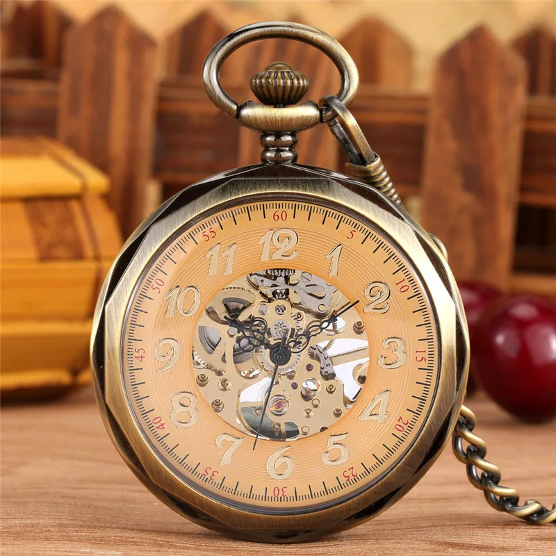 Steampunk Mechanical Pocket Watch Analog Handwinding Skeleton Clock for Men Women Pendant Chain Watches Open Face Arabic Number