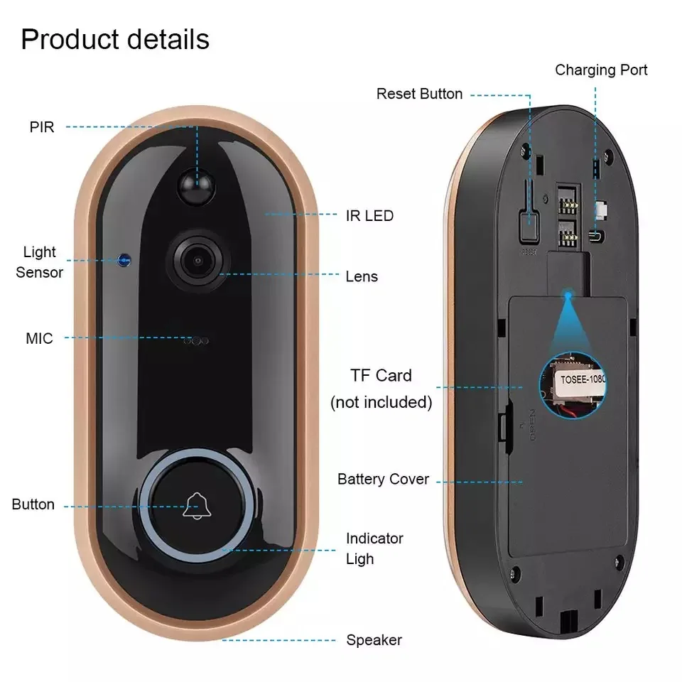 

TEXOSA FHD Video Doorbell Smart Wireless WiFi Security Door Bell Visual Recording Home Monitor Night Vision Intercom door phone