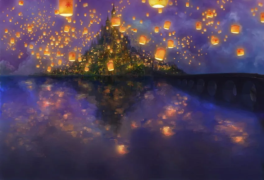

7x5ft Rapunzel Princess Fairy Tale Castle Cartoon Lantern Lake Custom Photo Studio Background Backdrop Vinyl 220cm x 150cm