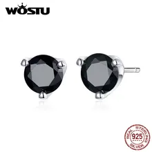 WOSTU, натуральная 925 пробы, серебряные, черные, циркониевые круглые серьги-гвоздики для женщин, винтажные маленькие серьги, модное ювелирное изделие CQE735