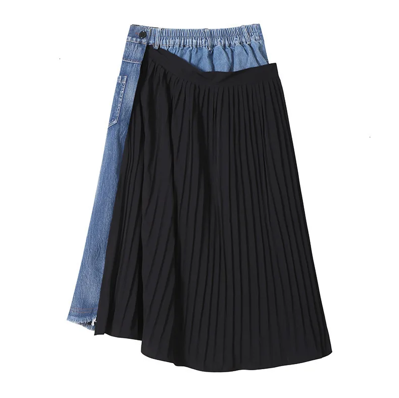TVVOVVIN Denim Spliced Pleated Irregular High Waist Denim Half-body Skirt Black Women Fashion Tide New Spring Autumn B445