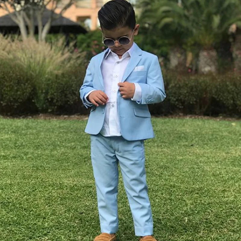 Sky Blue Boys Formal Suits Dinner Wedding Tuxedos Little Boy Groomsmen Kids Children For Party Prom Suit Wear (Jackets+Pants)