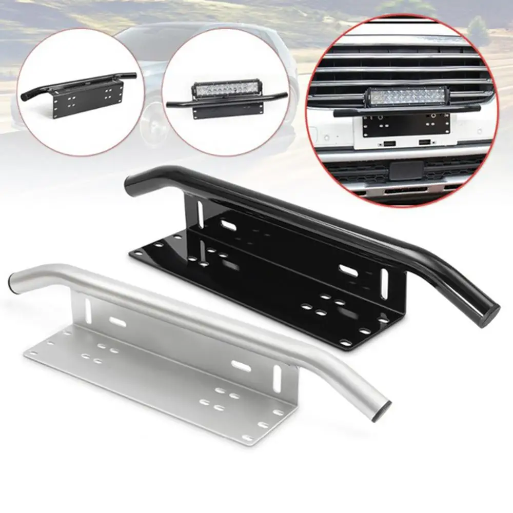 Baratos Luz para coches todoterreno placa de matrícula de aluminio plateado Barra de toro parachoques delantero luz trasera soporte de montaje soporte de Lámpara de trabajo