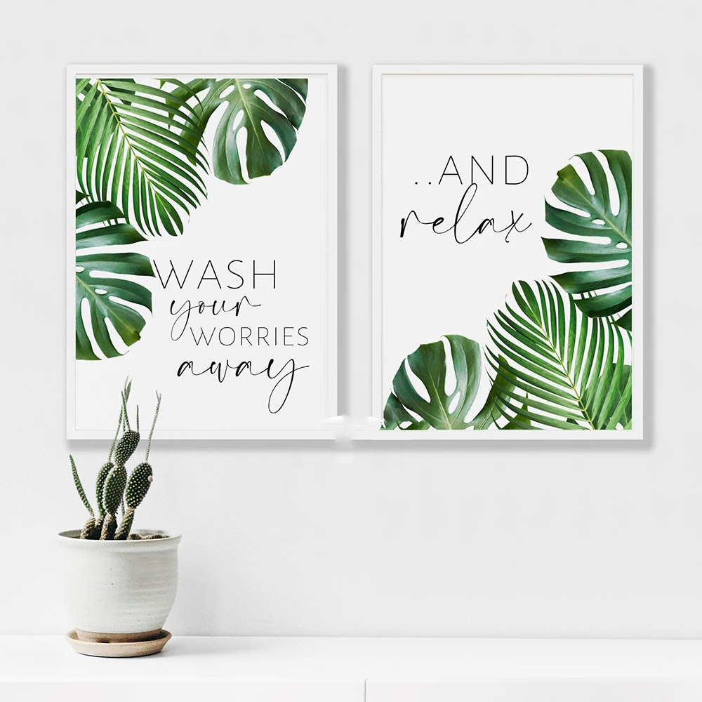 Wash-Your-Worries-Away-and-Relax-Quote-Wall-Art-Canvas-Print-And-Poster-Bathroom-Leaf-Prints