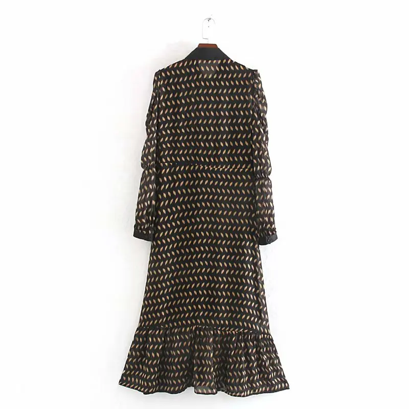 Goedkoop 2020 Nieuwe Vrouwen Vintage Geometrische Chiffon Shirtwaist Hem Ruches Midi Jurk Vrouwelijke Chic Puff Mouwen Leisure Jurken DS3126