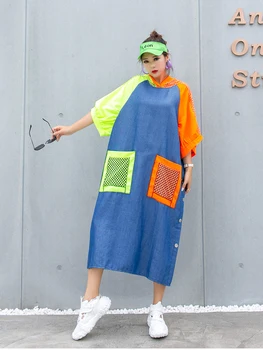 

New Design Streetwear Dress Women's 2020 Summer New Plus Size Fashion Panelled Patchwork Loose Casual Hooded Dresses Fashion