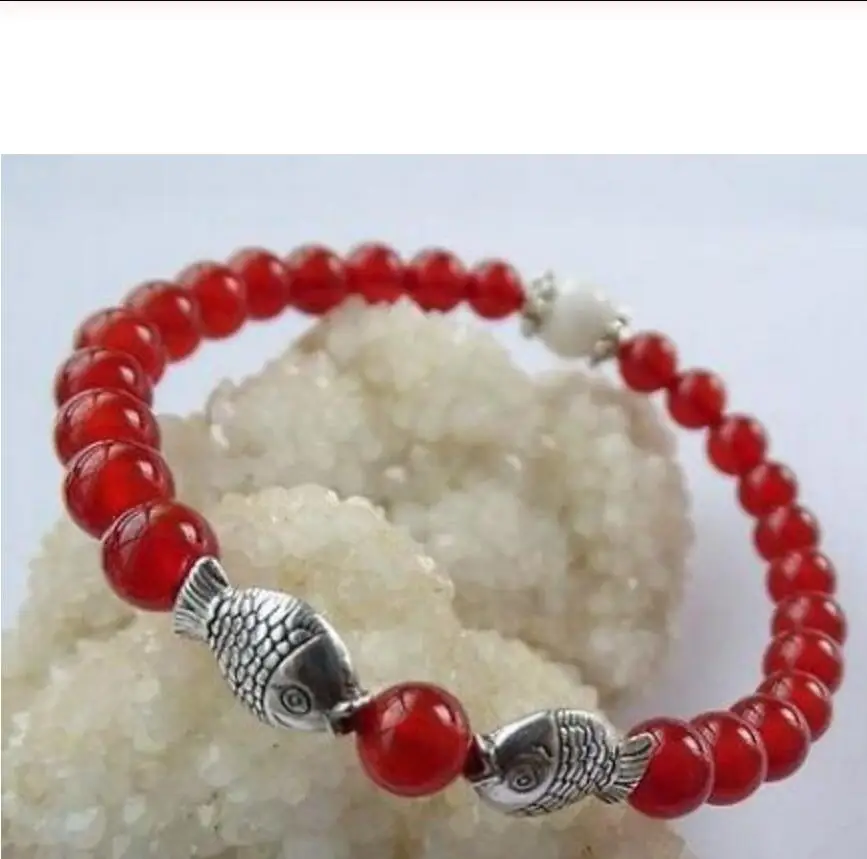 

new hot 7" 6mm red Agate round beads fish Tibetan Silver Strecthable bracelet
