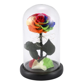 

Rose Kit, Red Silk Rose and Led Light with Fallen Petals in Glass Dome on Wooden Base Valentine's Day Anniversary Birthday