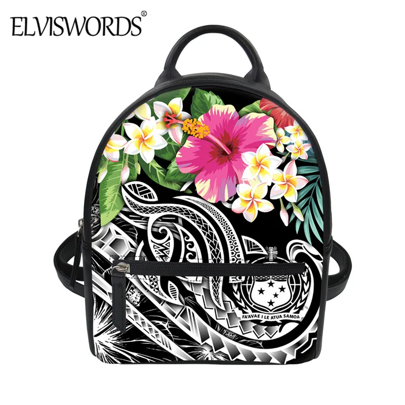 ELVISWORDS-Mini Mochila de piel sintética para Mujer, bolso de hombro con hibisco, diseño Tribal de Samoa, informal, 2020