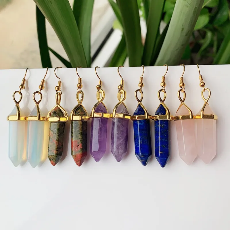 Natural Stone Drop Earring Bullet Hexagonal Amethysts Lapis
