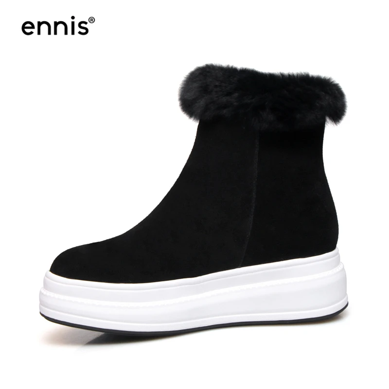 Black Plush Inside ENNIS/зимние ботинки на натуральном меху; женские зимние ботинки; обувь на платформе розового цвета; женские Кожаные Замшевые ботинки на плоской подошве; теплая плюшевая обувь черного цвета; A9331 - Цвет: Black Plush Inside