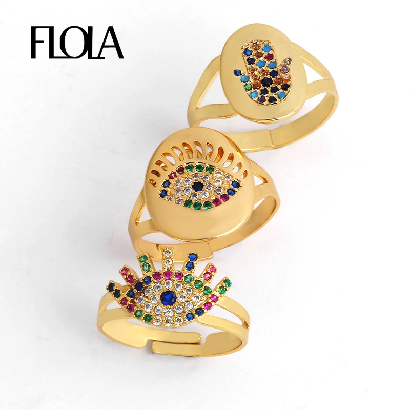 

FLOLA Yellow Gold Ein-turkish Multi Stones Hamsa Ring CZ Rainbow Evil Eye Ring Woman Turkish Jewelry ojo turco anillos rih83