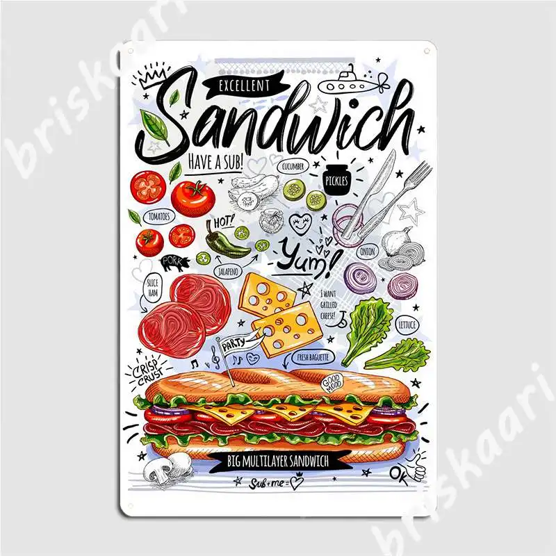 

Fast Food Sandwich Sub + Metal Plaque Poster Wall Decor Pub Cinema Designing Tin Sign Poster