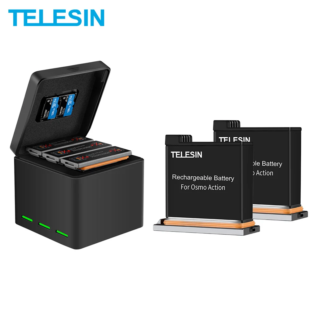 

TELESIN 3 Pack Battery + 3 Slots Battery Charger 2 TF Card Storage Box for DJI Osmo Action Camera Accessories