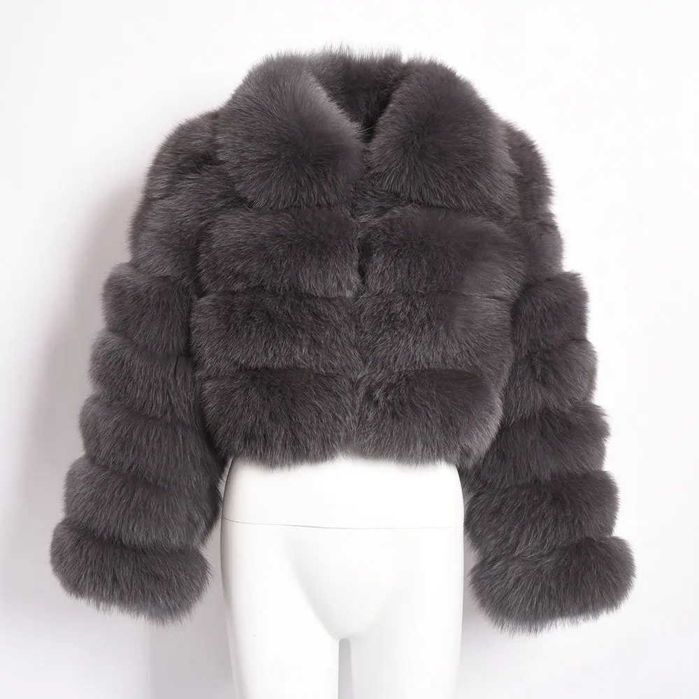 Winter New Women's Real Fox Fur Jacket Zipper Lady Short Style Fur Coat Thick Warm Fur Outerwear S7636 - Цвет: Dark Grey