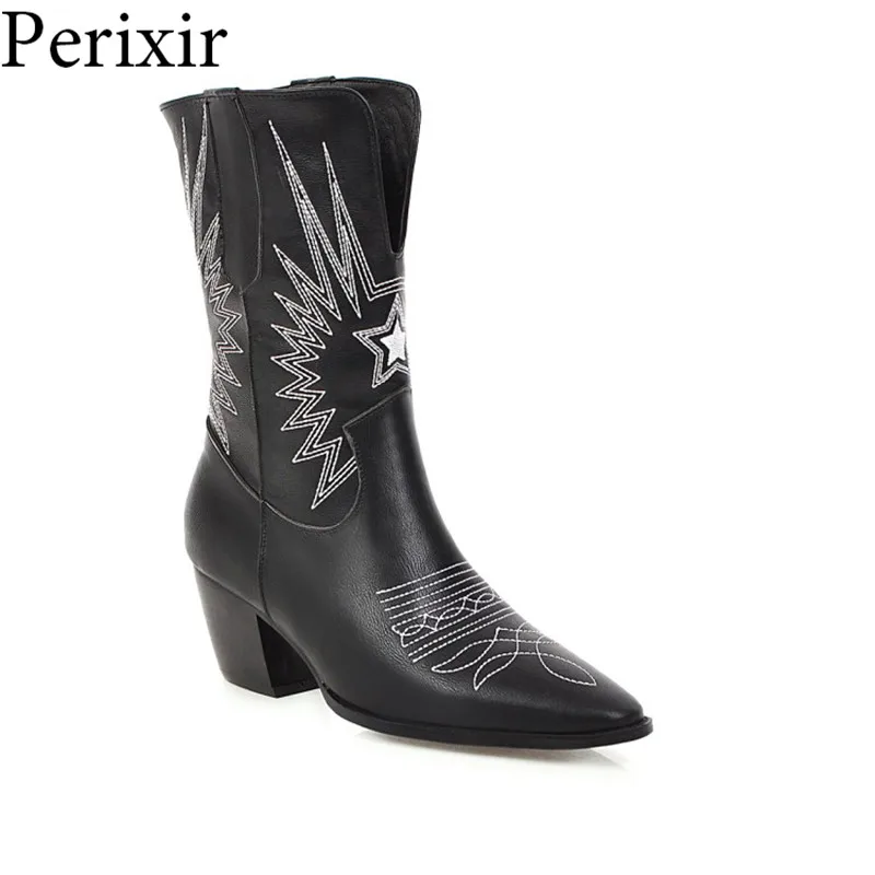 

Western Boots Women Autumn Winter Embossed Slip On Solid Color Basic Boots Pointy Toe Cowboy Cowgirl Motorcycle Boots for Female