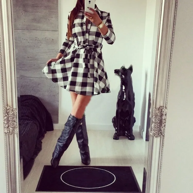 

High Quality Women Turn-Down Neck Plaid Dresses Casual Single Breasted Mini Dresses Autumn Long Sleeve Sashes Dress