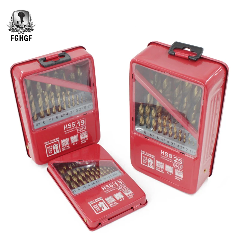 FGHGF 13/19/25 шт. 1,0~ 13mm HSS Титан покрытием сверло набор инструментов для металла деревообрабатывающий сверлильный Мощность инструменты аксессуары в железной коробке