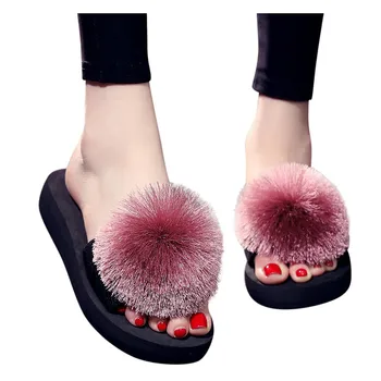 

woman slippers Beach Breathable Hair Ball Sandals Home Slipper Flip-Flops Wedges Shoes женские шлепанцы woman slippers sandals