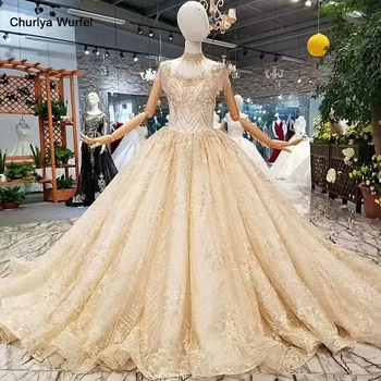 

LS012477 luxury dubai long evening dresses golden lace beaded cap sleeve high neck shiny golden lace evening party dresses long