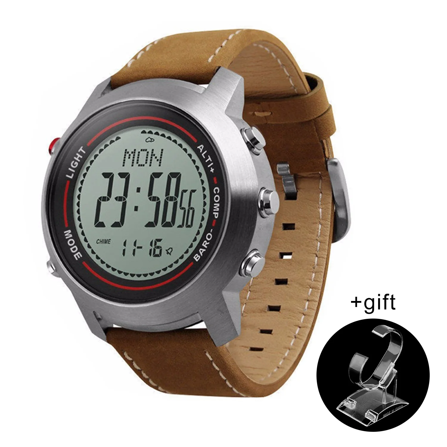

Men's Fashion Leather Band Multi-Function 5ATM Stainless Steel Dial Mountaineer Sports Watch Altimeter Barometer Thermometer