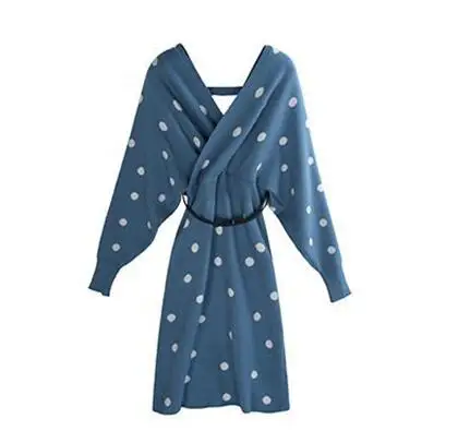 Ordifree осенне-зимнее женское трикотажное платье с длинным рукавом в горошек свитер с поясом платье - Цвет: Blue