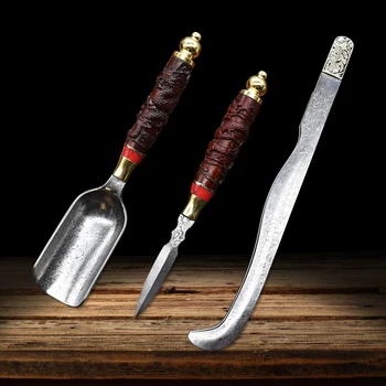 

Tea ceremony three-piece suit Damascus steel tea needle tea knife tea cone tea set brass tea clip tea spoon self-defense knife