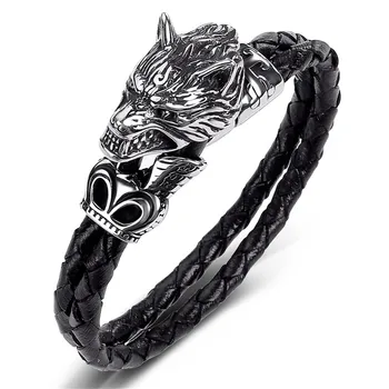 

Men'S Leather Braided Rope Simple Bracelet Wolf Head Stainless Steel Cuff Bangle Polished Casual 20Cm Black Send Boyfriend Dad