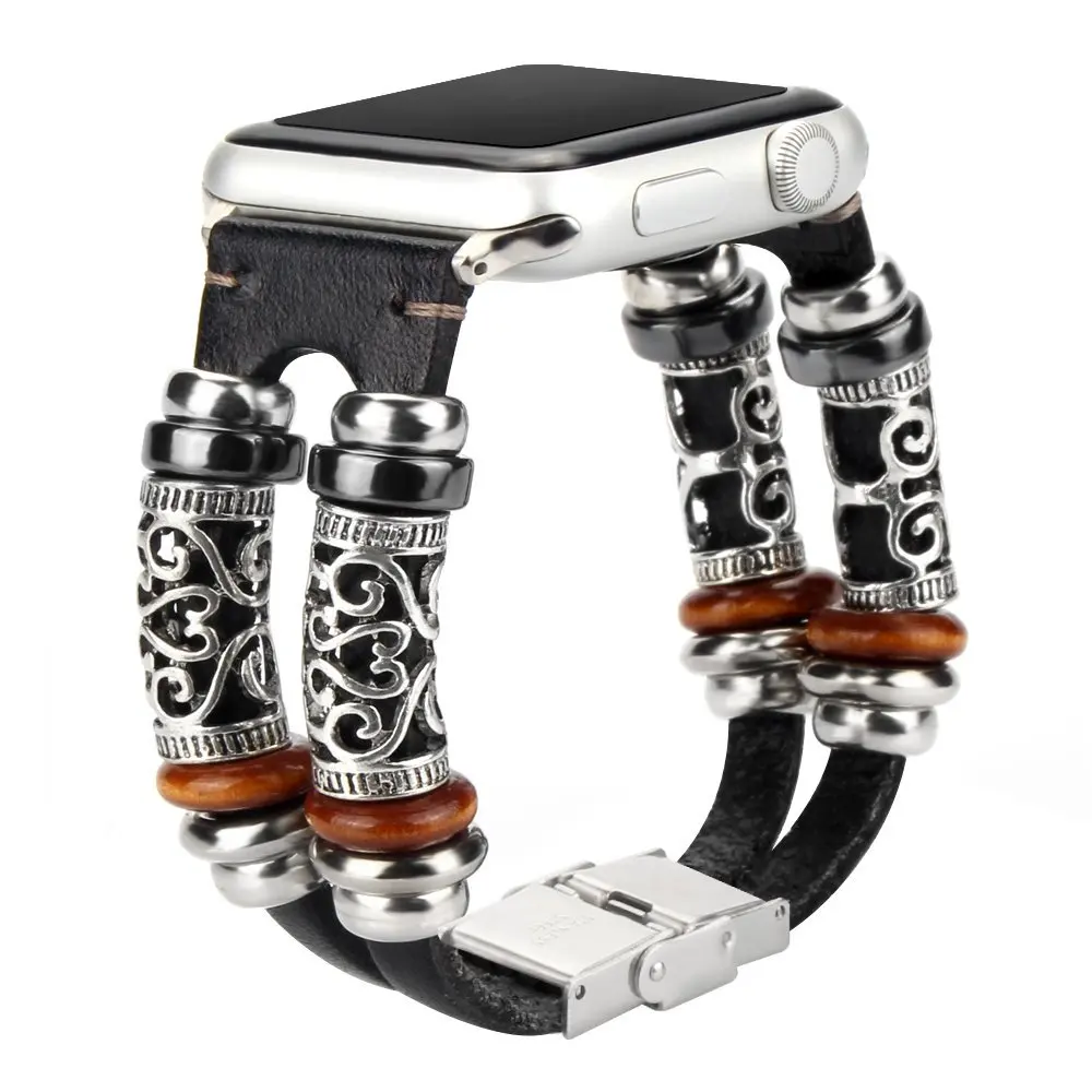 Стильный кожаный чехол в стиле ретро браслет для наручных часов Apple Watch Series 5 4 3 2 ручной работы из бисера металлический ремешок для наручных часов iwatch, 40/44/38 мм/42 мм, ремешок на запястье