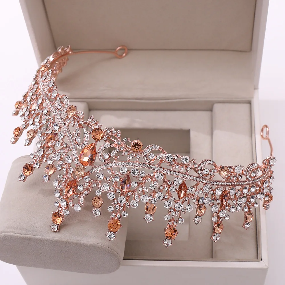 Baroque Retro  Crystal Bridal Tiaras Crown Rose Gold Peach Rhinestone Prom Diadem Bride Headband Wedding Hair Accessories