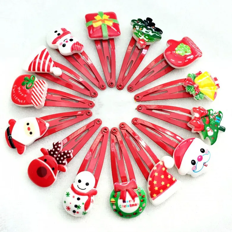 10PCS Random Color 10 шт., аксессуары для волос на Рождество для девочек, заколка для волос на Рождество, заколка для волос с бантиком из смолы и мультипликационным принтом Санта Клауса, заколка для волос с цветами для детей - Цвет: 10PCS Random Color