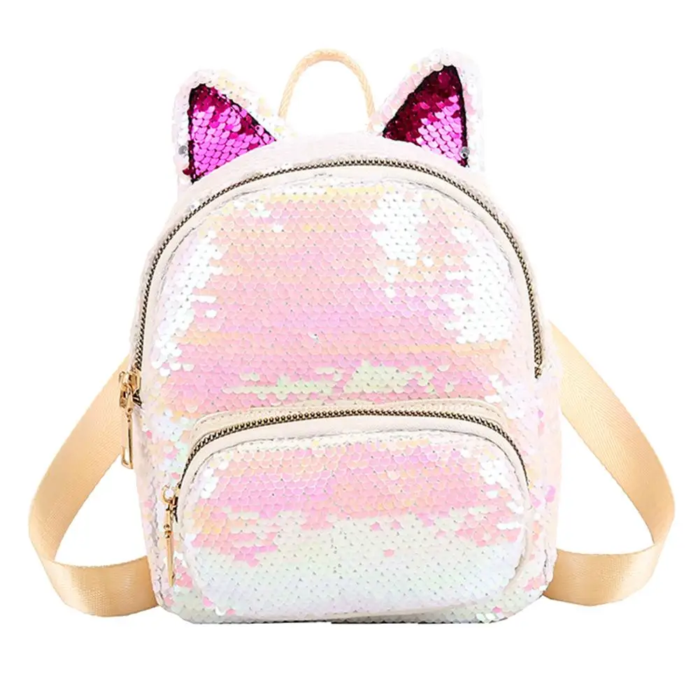 Блестящий рюкзак для девочек с блестками и ушками на молнии, мини-школьная сумка, дорожная сумка