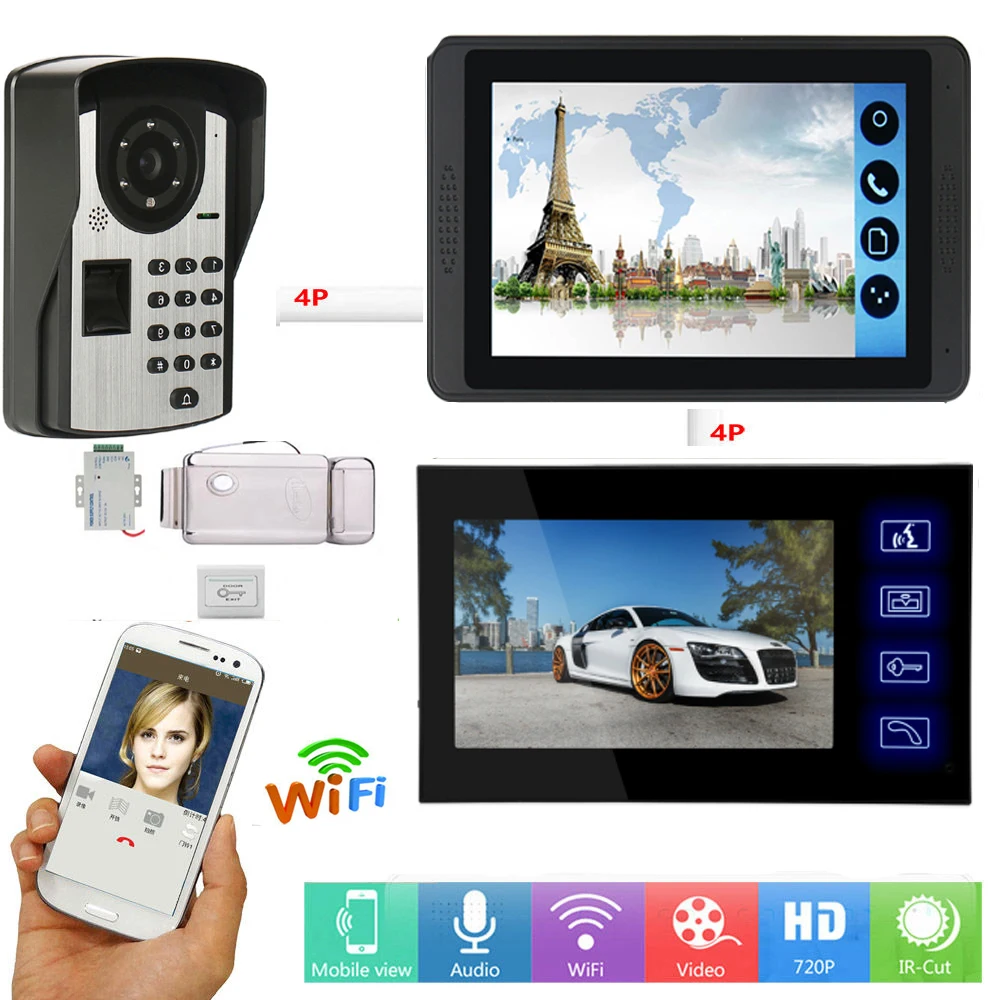 Wireless Video Intercom 7\ TFT Fingerprint Recognition RFID Password Video Door Phone Intercom Doorbell with APP Remote Control