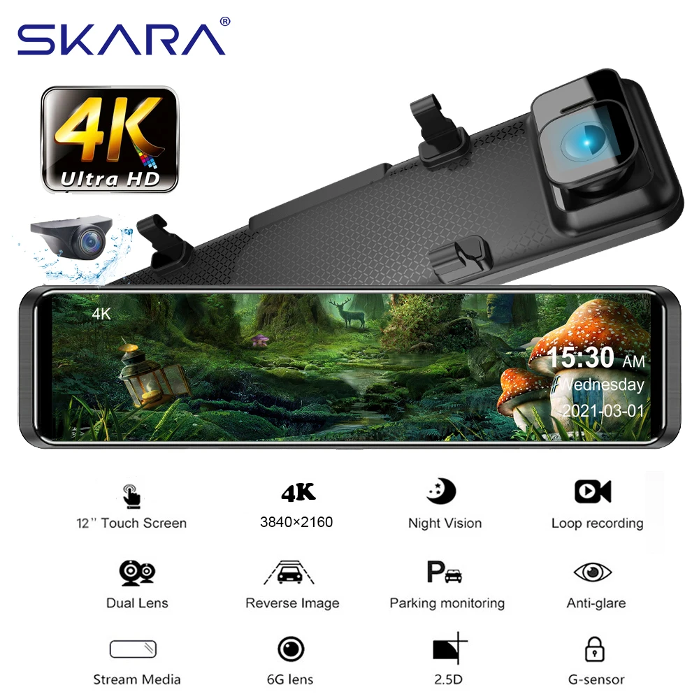 Cámara de salpicadero 4K para coche, espejo retrovisor multimedia de 12 pulgadas, 2160P, Ultra HD, Dvr, cámara de doble lente con GPS, Sony IMX 415, grabadora de vídeo