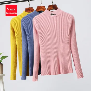 

Letter Embroidery Half High Collar Sweater Women Slim Warm Sweaters Spring Autumn Fashion Long Sleeve Top Ladies Splice Pullover