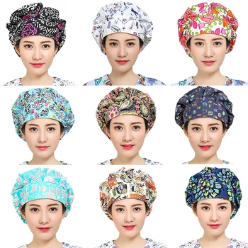 

Women's Doctor Scrub Caps Floral Print Surgical Adjustable Hats for Femme Workwear Cap Long Hair Cotton Scrub Surgical Caps