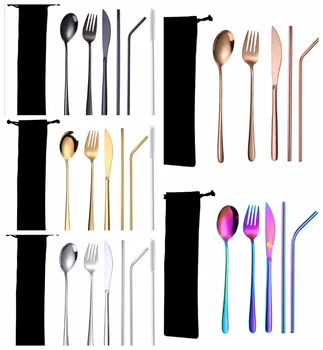 

10sets Portable 6Pcs/Set Stainless Steel Chopsticks Spoon Fork Straws Kitchen Tableware Set 5 color