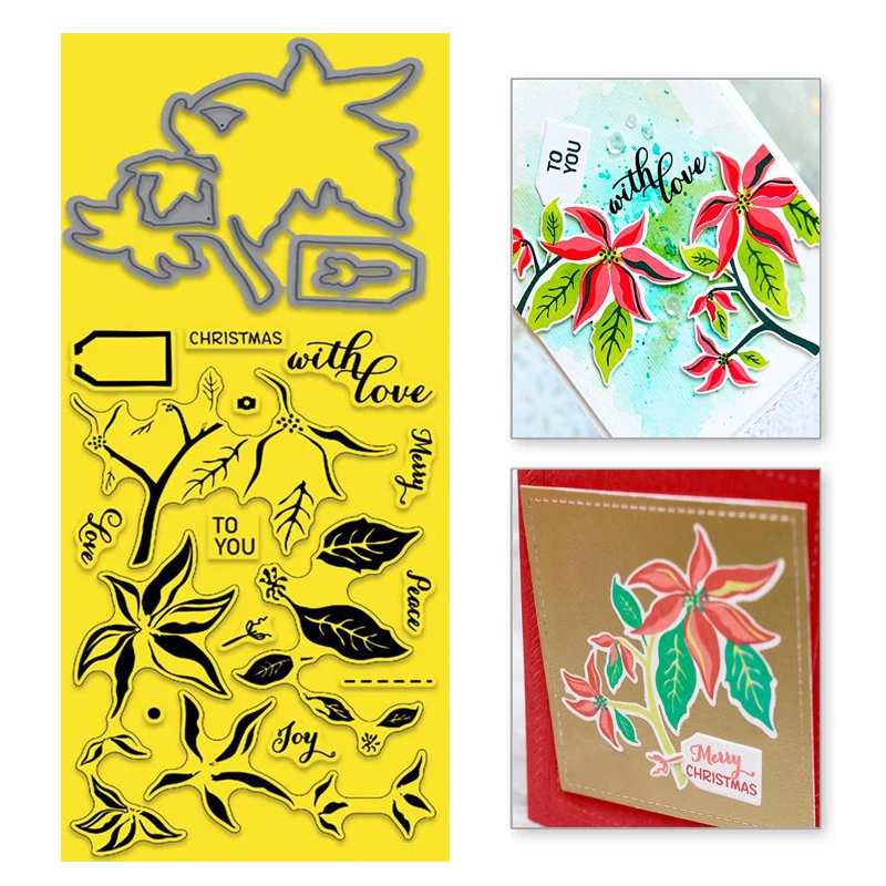 

YaMinSanNiO Poinsettia Flower Metal Cutting Dies Leaves Clear Stamps and Dies for Scrapbooking Card Making Stencil Embossing DIY