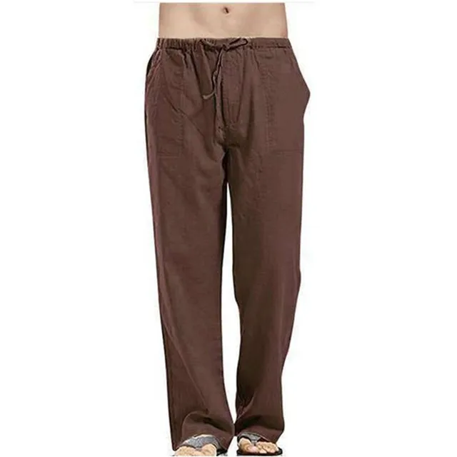 Summer Men Solid Color Linen Multi-pocket Straight Casual Pants Plus Large Size Breathable Comfortable Drawstring Loose Trousers Brown