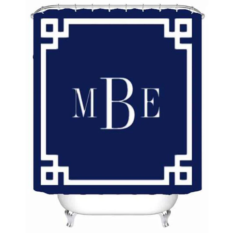 

Modern Nautical Navy Blue Greek Key Monogram Shower Curtain Custom Chic Initial Bathroom Curtain Waterproof Bath Personalized