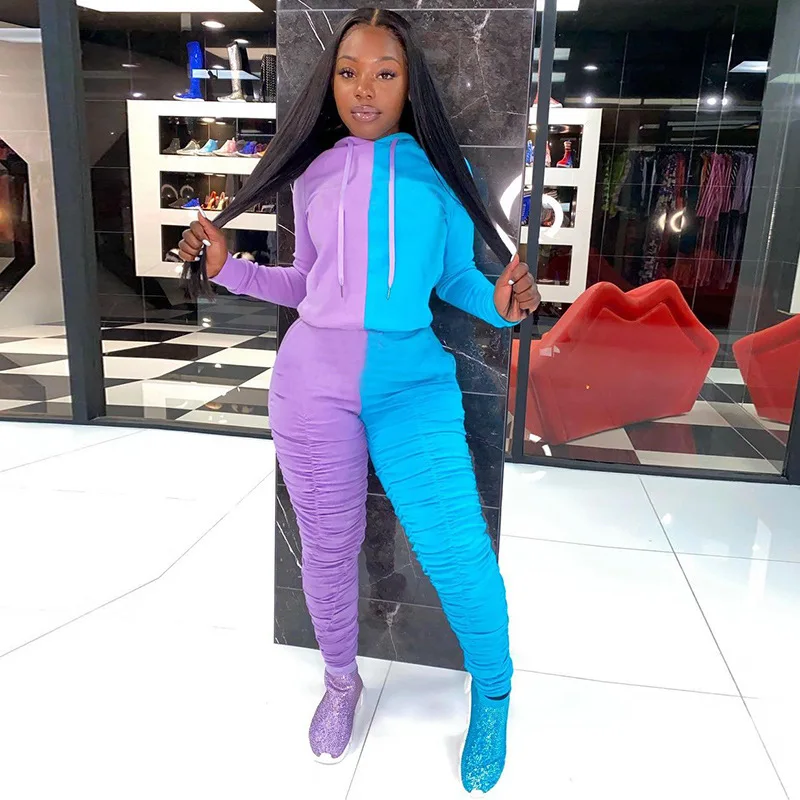 

Sexy Half Color Patchwork 2 Pieces Sets Women Hot Slim Long Sleeve Hoodies and Ruched Draped Trousers Night Club Women's Outfits