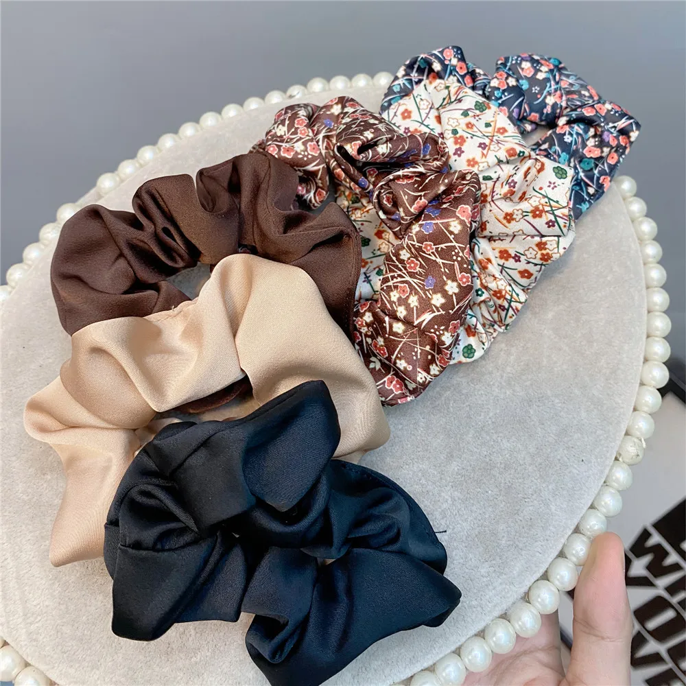 2Pcs Floral Print Solid Hair Scrunchies Set Fashion Satin Fabric Head Band Ponytail Holder Women Retro Hair Tie Hair Rope Band