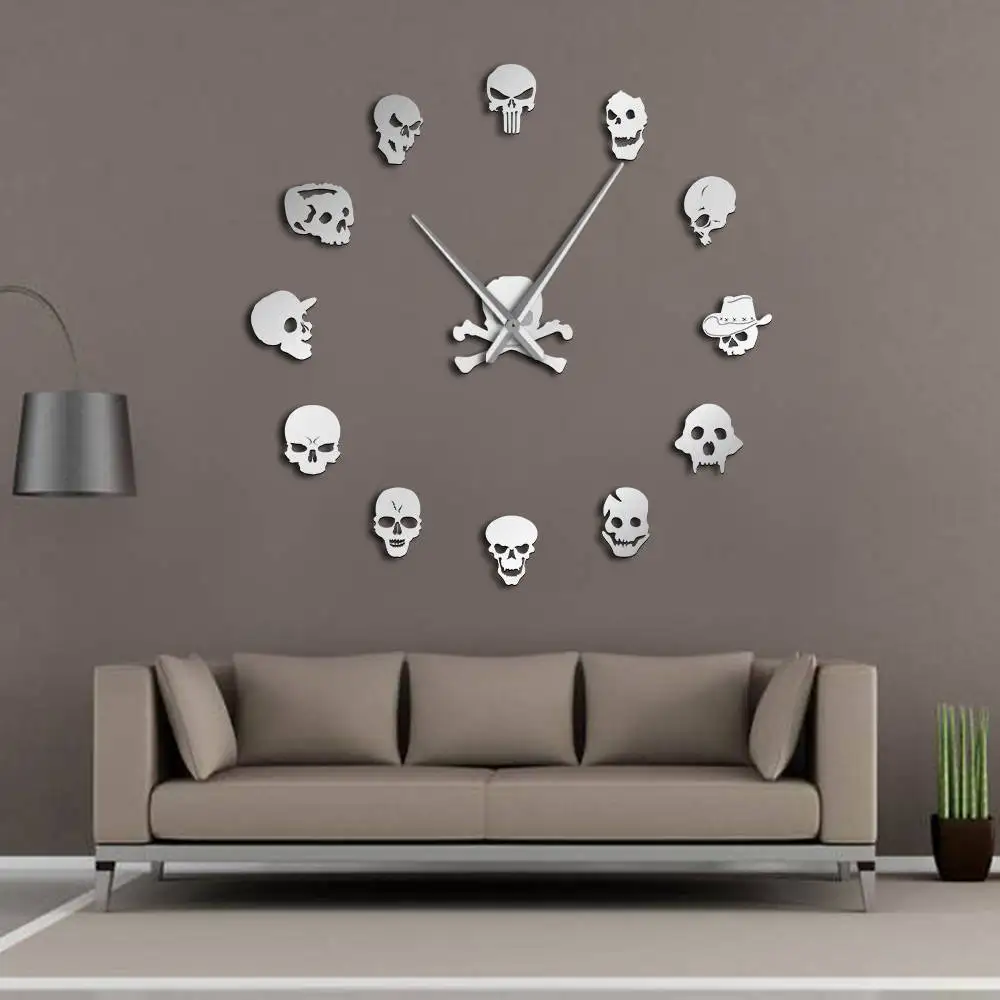 Günstig Verschiedene Schädel Köpfe DIY Horror Wand Kunst Riesigen Wanduhr Große Nadel Rahmenlose Zombie Köpfe Große Wand Uhr Halloween Decor